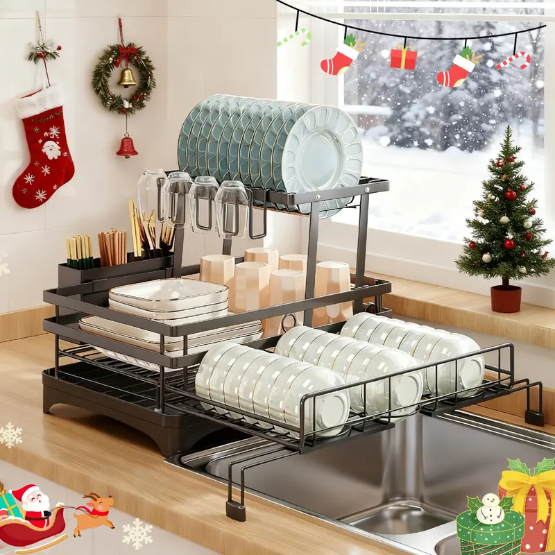 Foldable Over-the-Sink Dish Rack – Adjustable 2-Tier Dish Drainer with Removable Utensil Holder, 360° Drainage & Space-Saving Design for Small Kitchens