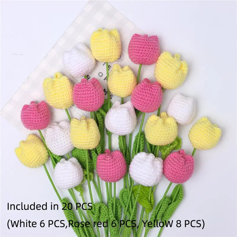 10/20/30Pcs Crochet Tulips without Vase, Mother's Day Gift, Artificial Flower Bouquet, Decorative Flowers, Graduation Gift, Valentine's Day Gift, Room Decor for Girls, Fall Room Decor, Funky Room Decor, Birthday Gift