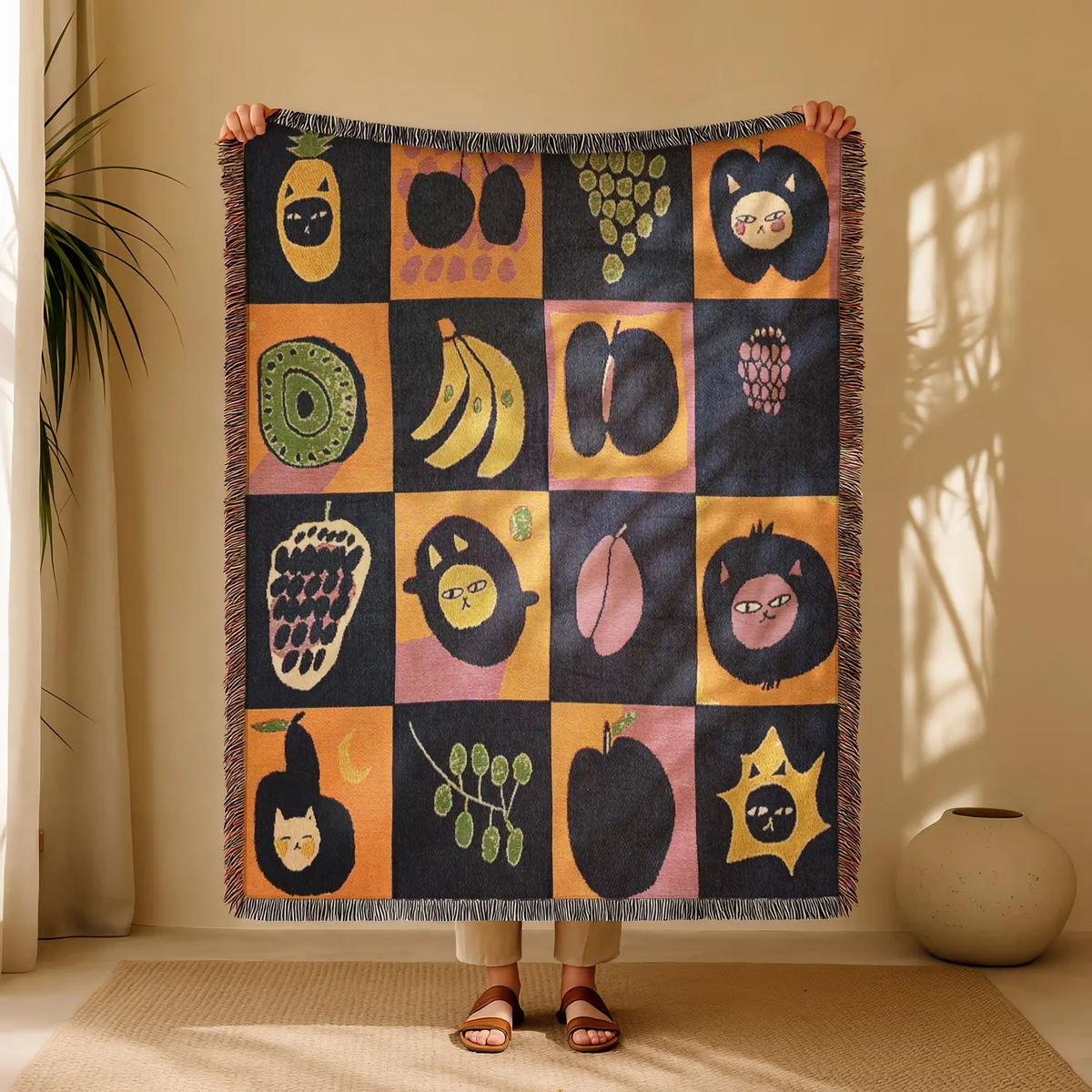 Halloween Woven Patchwork Throw Blanket with Tassels – Versatile Cozy Cover for Sofa, Bed, Armchair, Picnic & Home Décor