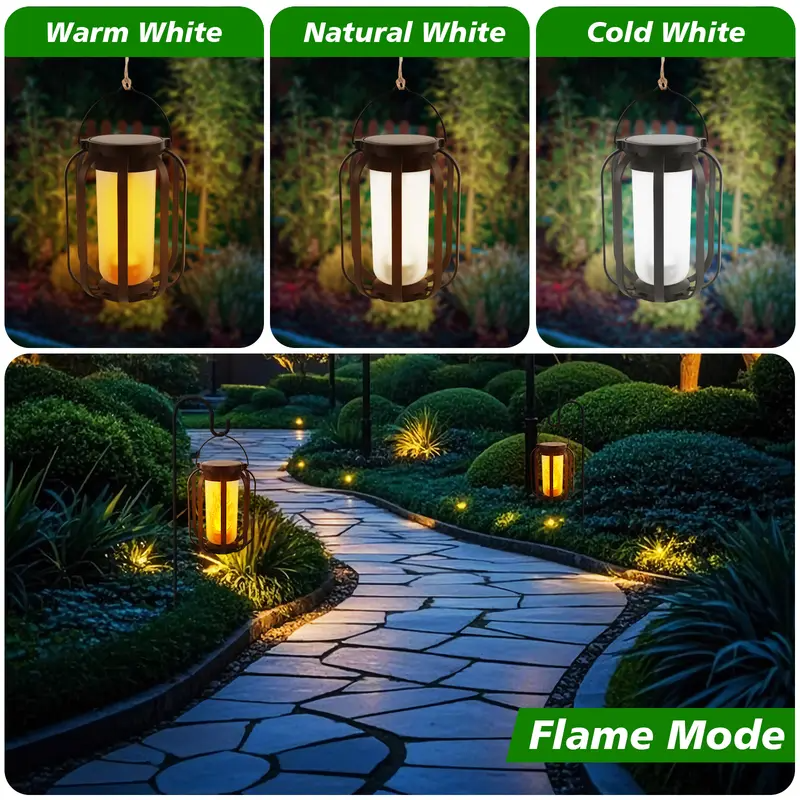 Solar Flame Lanterns Outdoor – Realistic Flickering Fire Effect, Solar & USB Rechargeable, 4 Lighting Modes, Waterproof Hanging Patio & Garden Lights