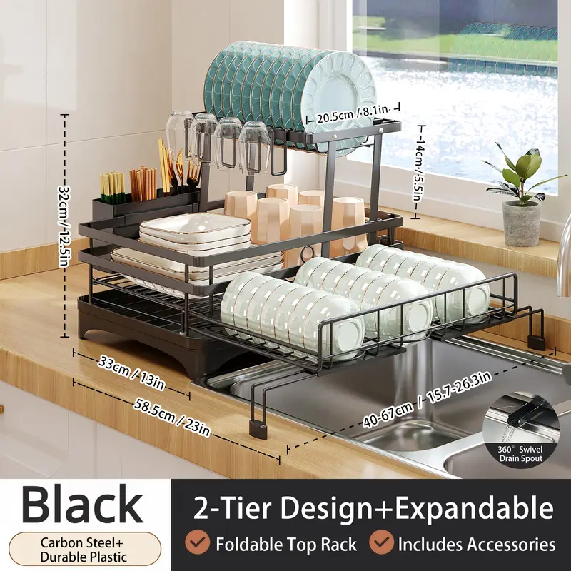 Foldable Over-the-Sink Dish Rack – Adjustable 2-Tier Dish Drainer with Removable Utensil Holder, 360° Drainage & Space-Saving Design for Small Kitchens