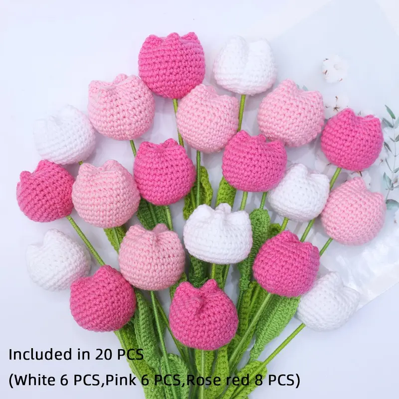 10/20/30Pcs Crochet Tulips without Vase, Mother's Day Gift, Artificial Flower Bouquet, Decorative Flowers, Graduation Gift, Valentine's Day Gift, Room Decor for Girls, Fall Room Decor, Funky Room Decor, Birthday Gift