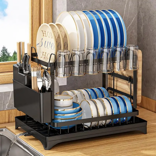 2-Tier Carbon Steel Baking Paint Dish Drying Rack, Home Storage Organization with Rapid Drainage System Sink Tray, Cutlery Holder, Cutting Board Holder, Anti-Slip Kitchen Countertop Organizer for Plates, Bowls, Apartment Accessories