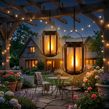 Solar Flame Lanterns Outdoor – Realistic Flickering Fire Effect, Solar & USB Rechargeable, 4 Lighting Modes, Waterproof Hanging Patio & Garden Lights