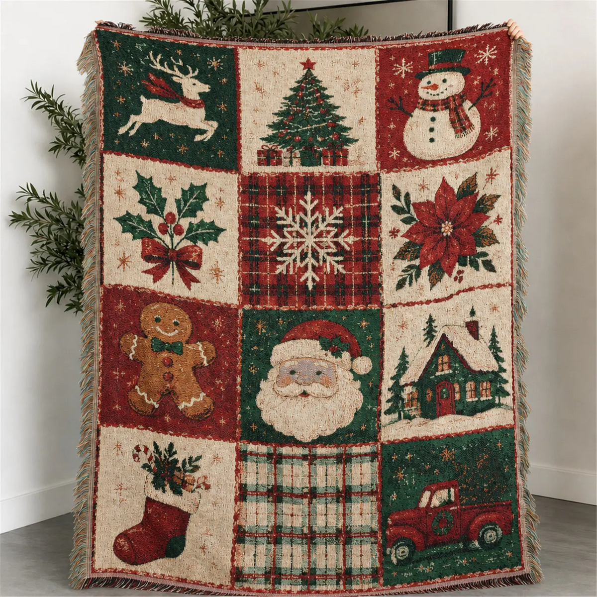 Halloween Woven Patchwork Throw Blanket with Tassels – Versatile Cozy Cover for Sofa, Bed, Armchair, Picnic & Home Décor