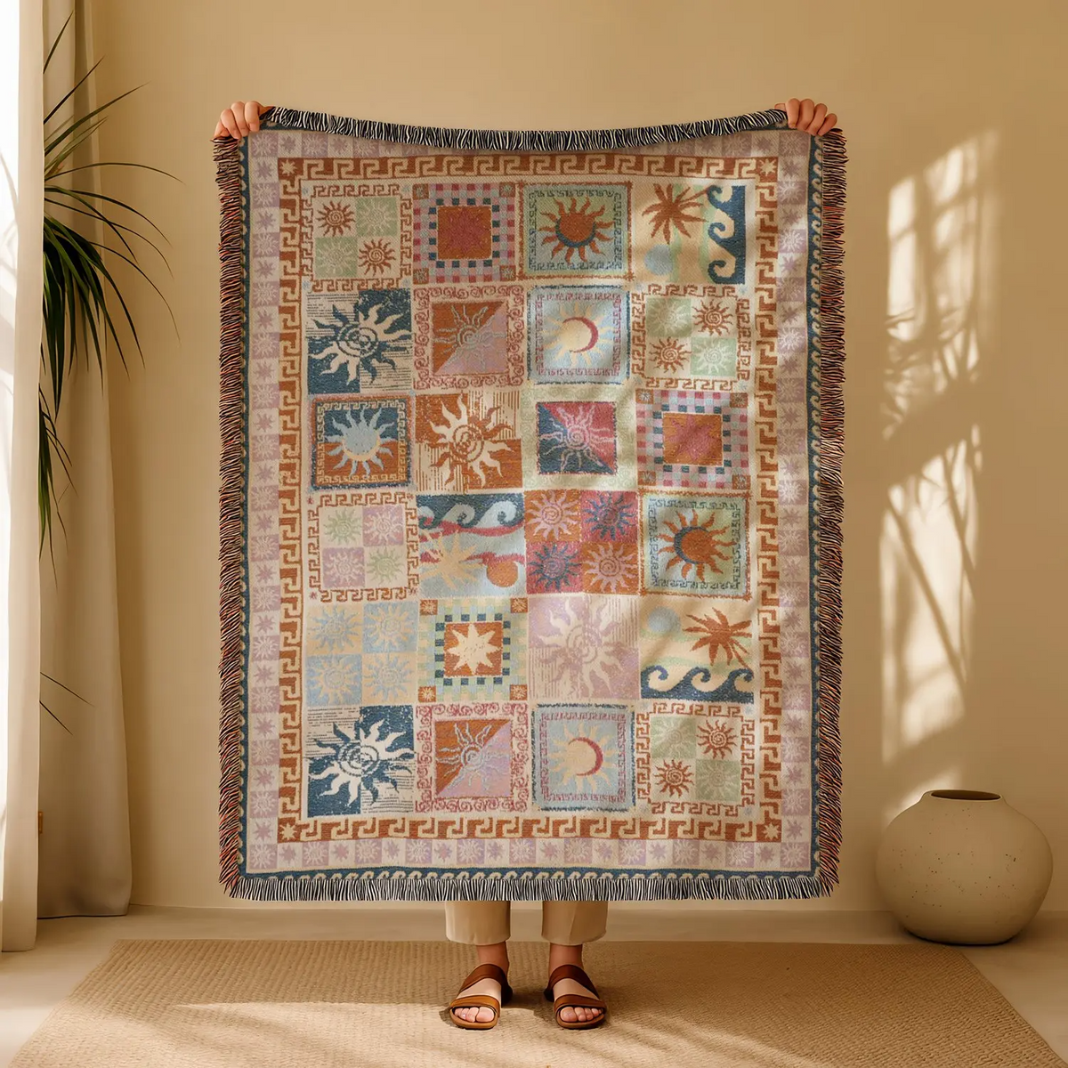 Halloween Woven Patchwork Throw Blanket with Tassels – Versatile Cozy Cover for Sofa, Bed, Armchair, Picnic & Home Décor
