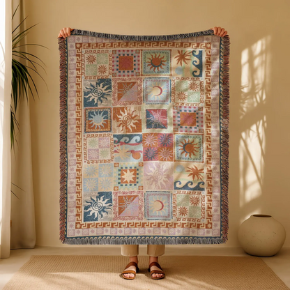 Halloween Woven Patchwork Throw Blanket with Tassels – Versatile Cozy Cover for Sofa, Bed, Armchair, Picnic & Home Décor