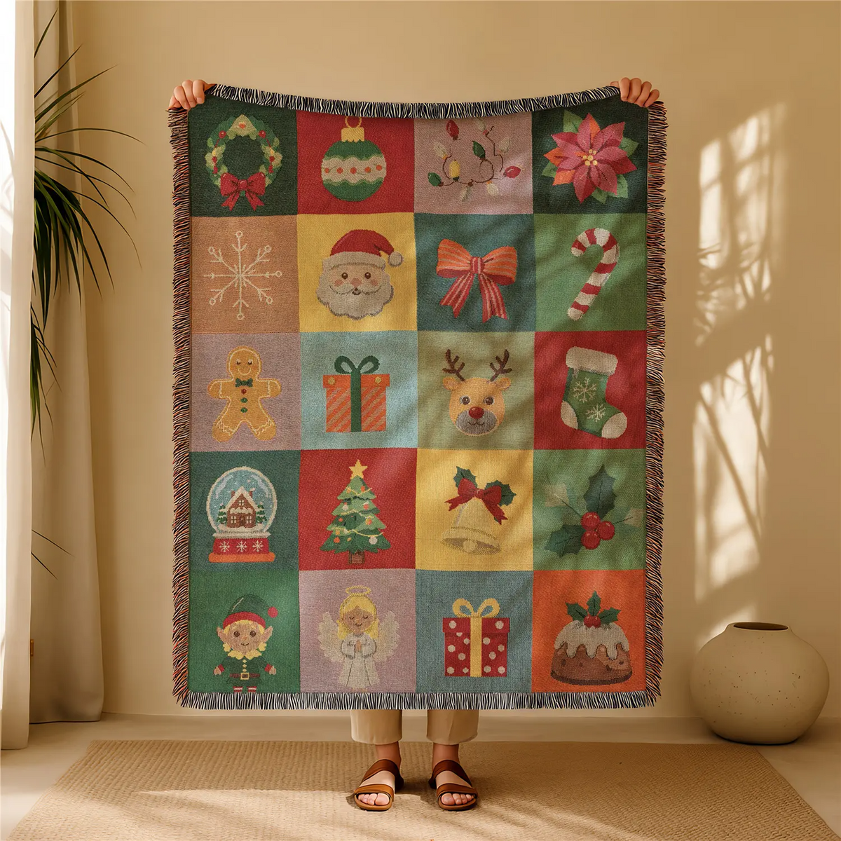 Halloween Woven Patchwork Throw Blanket with Tassels – Versatile Cozy Cover for Sofa, Bed, Armchair, Picnic & Home Décor
