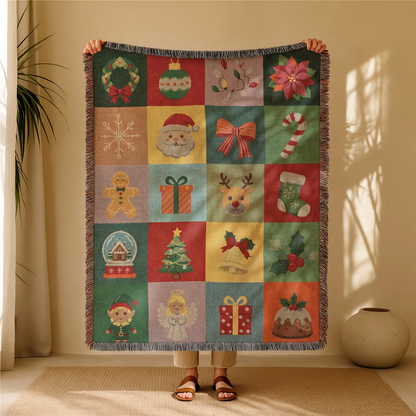 Halloween Woven Patchwork Throw Blanket with Tassels – Versatile Cozy Cover for Sofa, Bed, Armchair, Picnic & Home Décor