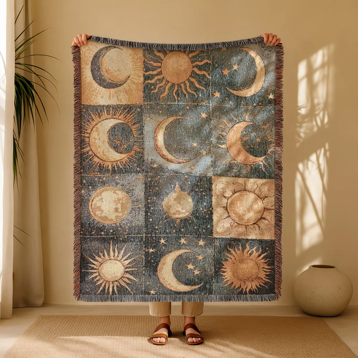 Halloween Woven Patchwork Throw Blanket with Tassels – Versatile Cozy Cover for Sofa, Bed, Armchair, Picnic & Home Décor