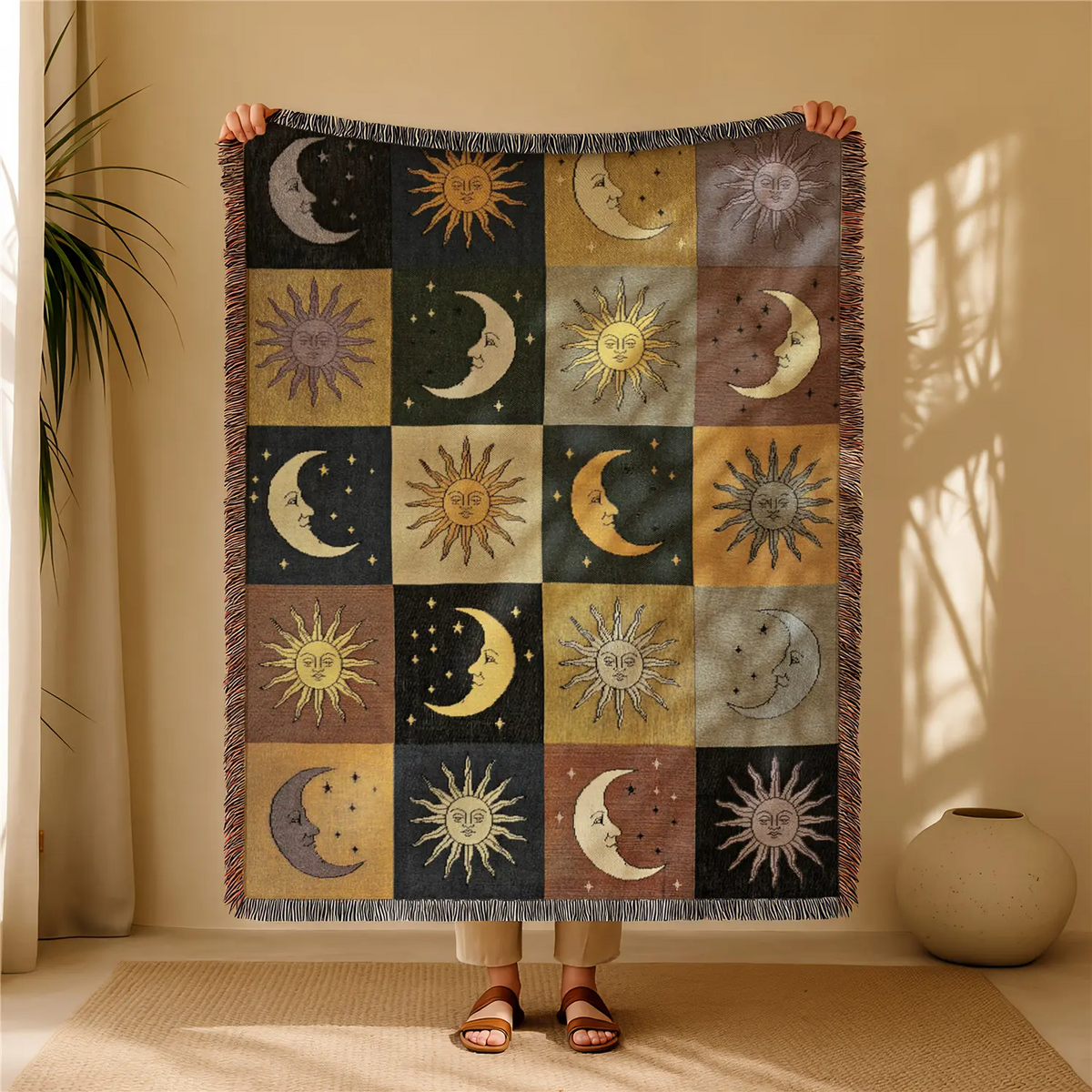Halloween Woven Patchwork Throw Blanket with Tassels – Versatile Cozy Cover for Sofa, Bed, Armchair, Picnic & Home Décor