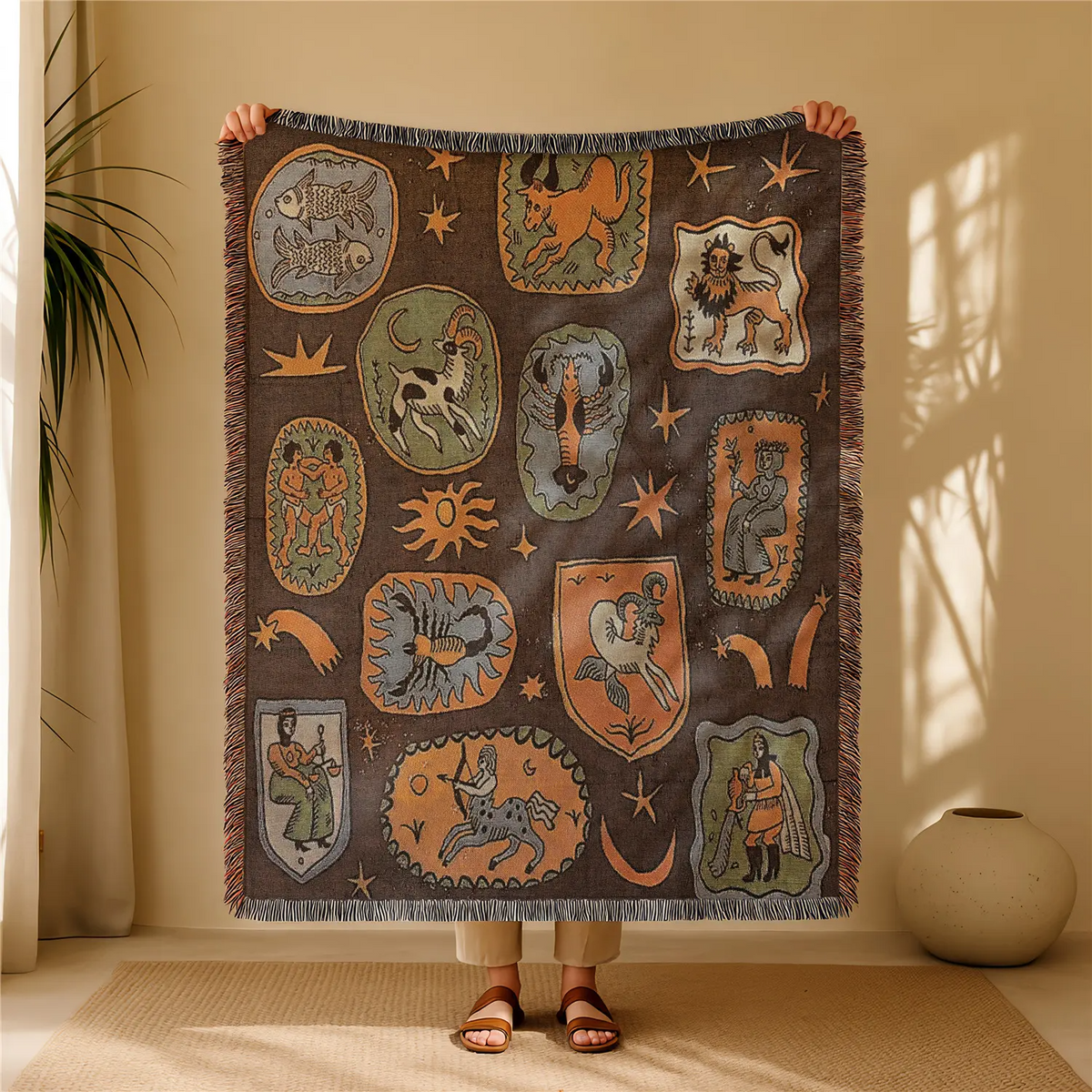 Halloween Woven Patchwork Throw Blanket with Tassels – Versatile Cozy Cover for Sofa, Bed, Armchair, Picnic & Home Décor
