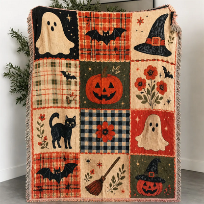 Halloween Woven Patchwork Throw Blanket with Tassels – Versatile Cozy Cover for Sofa, Bed, Armchair, Picnic & Home Décor