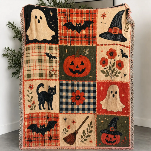 Halloween Woven Patchwork Throw Blanket with Tassels – Versatile Cozy Cover for Sofa, Bed, Armchair, Picnic & Home Décor