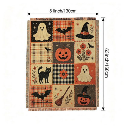 Halloween Woven Patchwork Throw Blanket with Tassels – Versatile Cozy Cover for Sofa, Bed, Armchair, Picnic & Home Décor