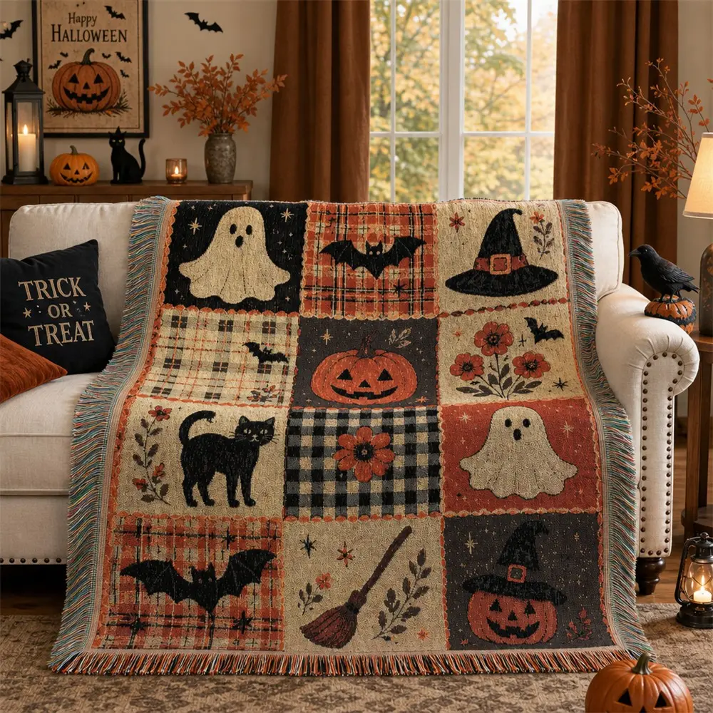 Halloween Woven Patchwork Throw Blanket with Tassels – Versatile Cozy Cover for Sofa, Bed, Armchair, Picnic & Home Décor