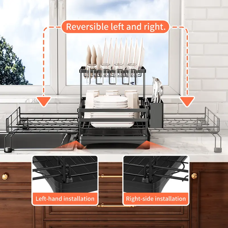 Foldable Over-the-Sink Dish Rack – Adjustable 2-Tier Dish Drainer with Removable Utensil Holder, 360° Drainage & Space-Saving Design for Small Kitchens
