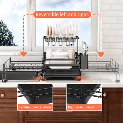 Foldable Over-the-Sink Dish Rack – Adjustable 2-Tier Dish Drainer with Removable Utensil Holder, 360° Drainage & Space-Saving Design for Small Kitchens