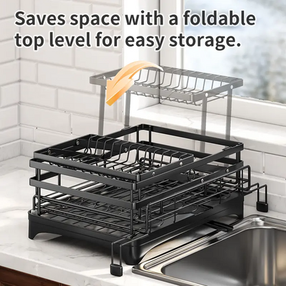 Foldable Over-the-Sink Dish Rack – Adjustable 2-Tier Dish Drainer with Removable Utensil Holder, 360° Drainage & Space-Saving Design for Small Kitchens