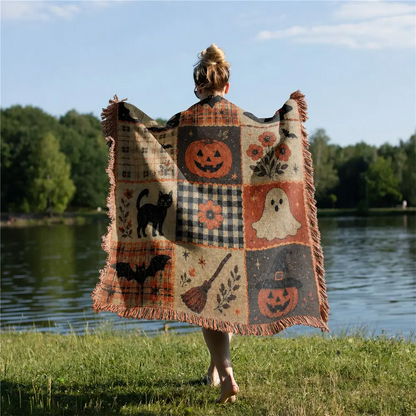 Halloween Woven Patchwork Throw Blanket with Tassels – Versatile Cozy Cover for Sofa, Bed, Armchair, Picnic & Home Décor
