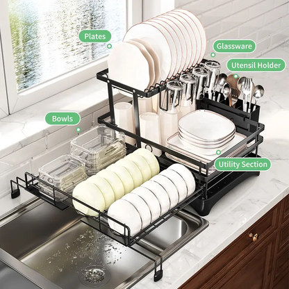 Foldable Over-the-Sink Dish Rack – Adjustable 2-Tier Dish Drainer with Removable Utensil Holder, 360° Drainage & Space-Saving Design for Small Kitchens