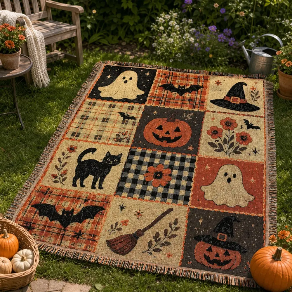 Halloween Woven Patchwork Throw Blanket with Tassels – Versatile Cozy Cover for Sofa, Bed, Armchair, Picnic & Home Décor