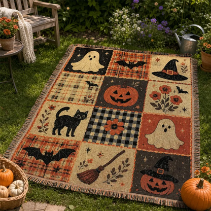 Halloween Woven Patchwork Throw Blanket with Tassels – Versatile Cozy Cover for Sofa, Bed, Armchair, Picnic & Home Décor