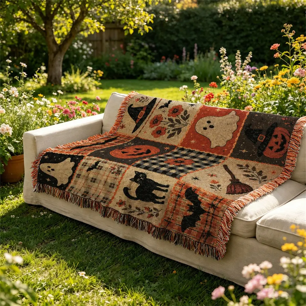Halloween Woven Patchwork Throw Blanket with Tassels – Versatile Cozy Cover for Sofa, Bed, Armchair, Picnic & Home Décor