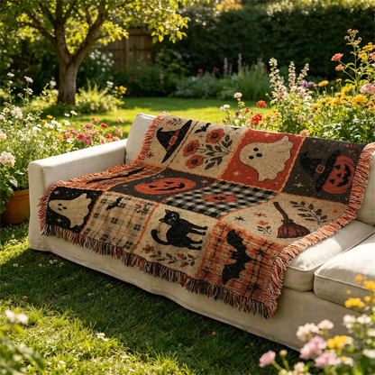 Halloween Woven Patchwork Throw Blanket with Tassels – Versatile Cozy Cover for Sofa, Bed, Armchair, Picnic & Home Décor