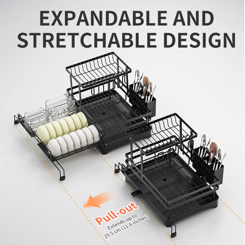 Foldable Over-the-Sink Dish Rack – Adjustable 2-Tier Dish Drainer with Removable Utensil Holder, 360° Drainage & Space-Saving Design for Small Kitchens