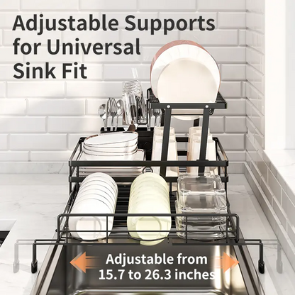 Foldable Over-the-Sink Dish Rack – Adjustable 2-Tier Dish Drainer with Removable Utensil Holder, 360° Drainage & Space-Saving Design for Small Kitchens