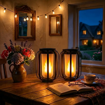 Solar Flame Lanterns Outdoor – Realistic Flickering Fire Effect, Solar & USB Rechargeable, 4 Lighting Modes, Waterproof Hanging Patio & Garden Lights