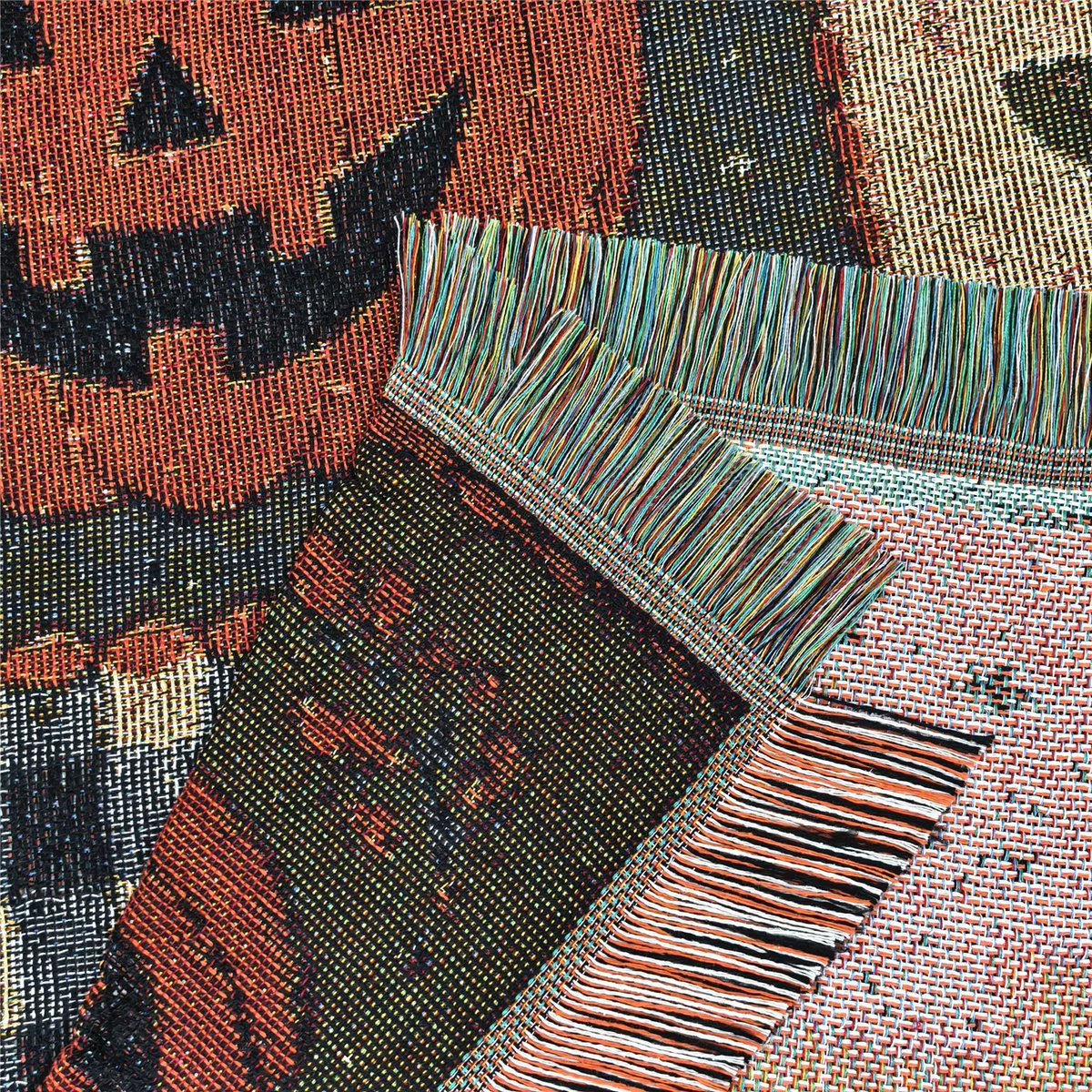 Halloween Woven Patchwork Throw Blanket with Tassels – Versatile Cozy Cover for Sofa, Bed, Armchair, Picnic & Home Décor