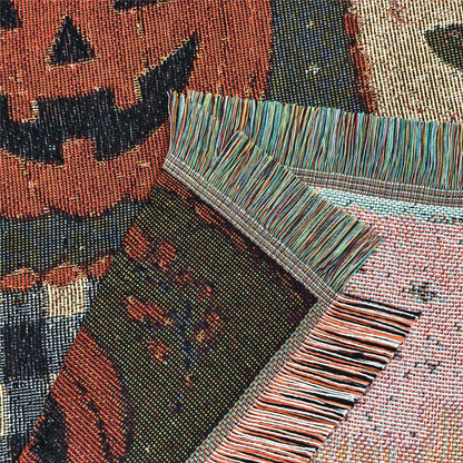 Halloween Woven Patchwork Throw Blanket with Tassels – Versatile Cozy Cover for Sofa, Bed, Armchair, Picnic & Home Décor