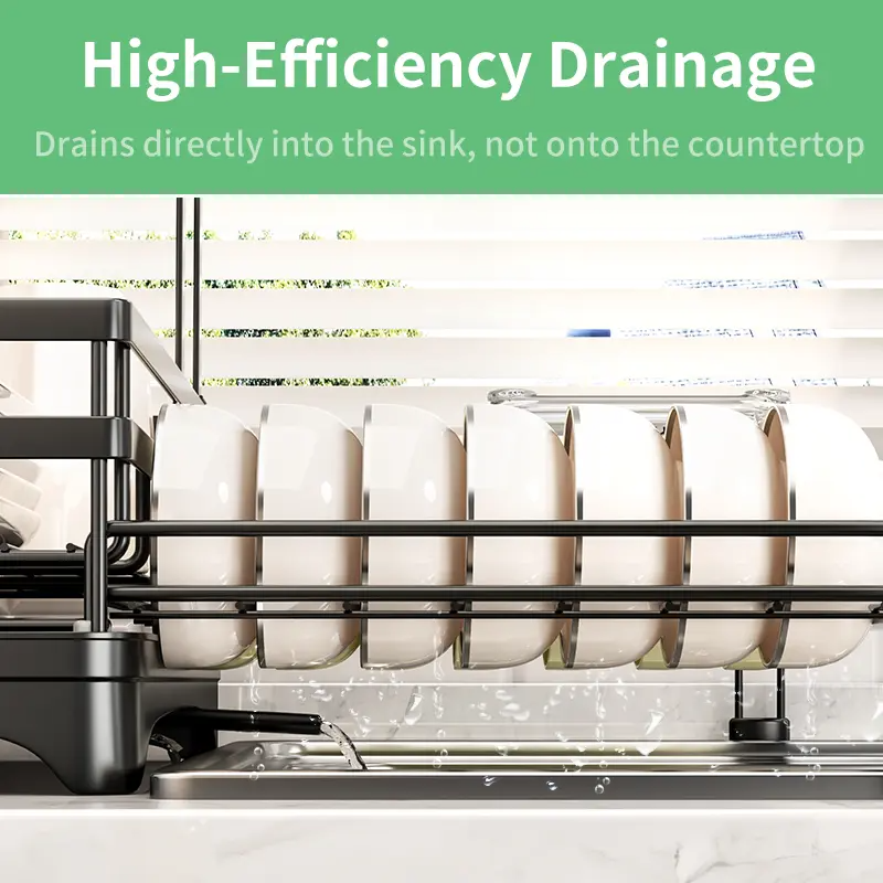 Foldable Over-the-Sink Dish Rack – Adjustable 2-Tier Dish Drainer with Removable Utensil Holder, 360° Drainage & Space-Saving Design for Small Kitchens